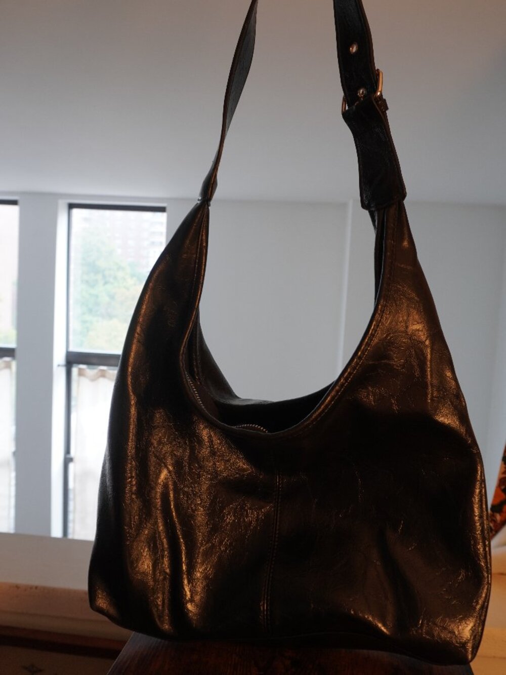 Black Faux Leather Slouchy Hobo Bag Adjustable Strap Silver Hardware Y2K